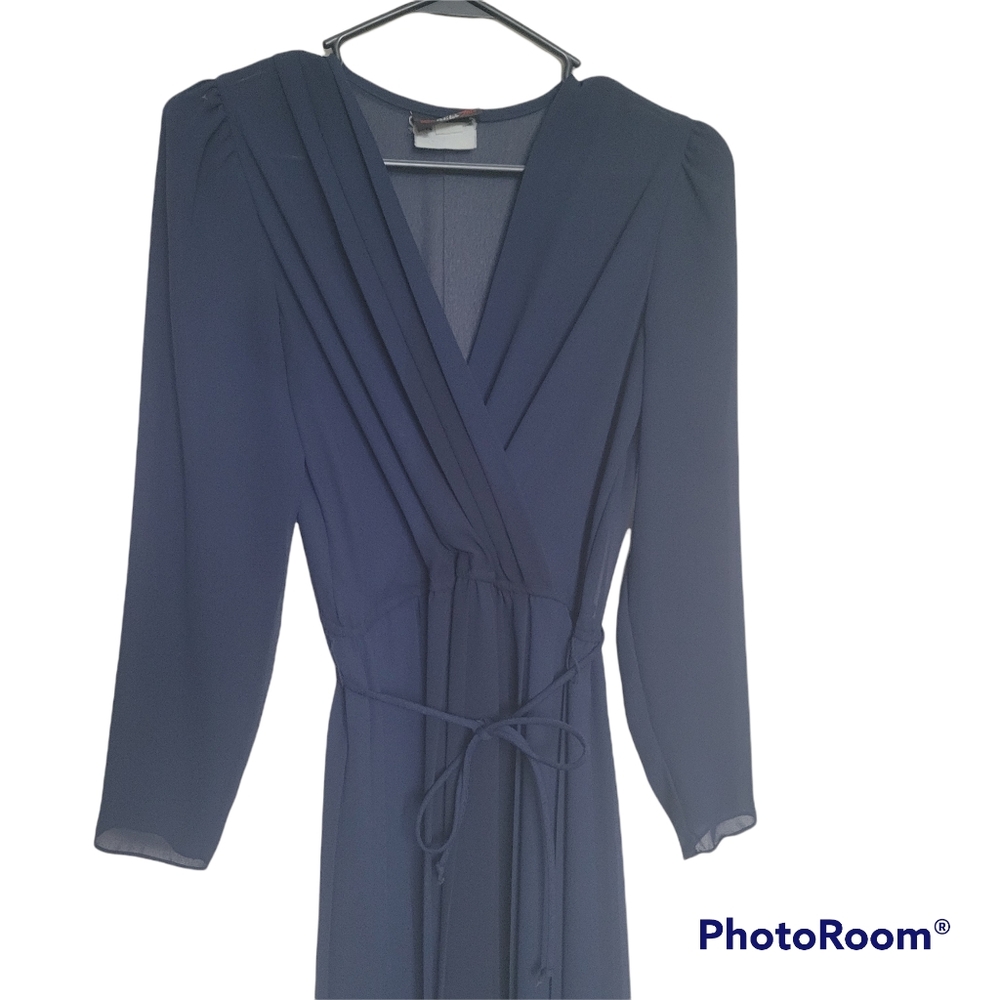 VINTAGE Liz Petites Inc Navy Blue Sheer Faux Wrap Dress